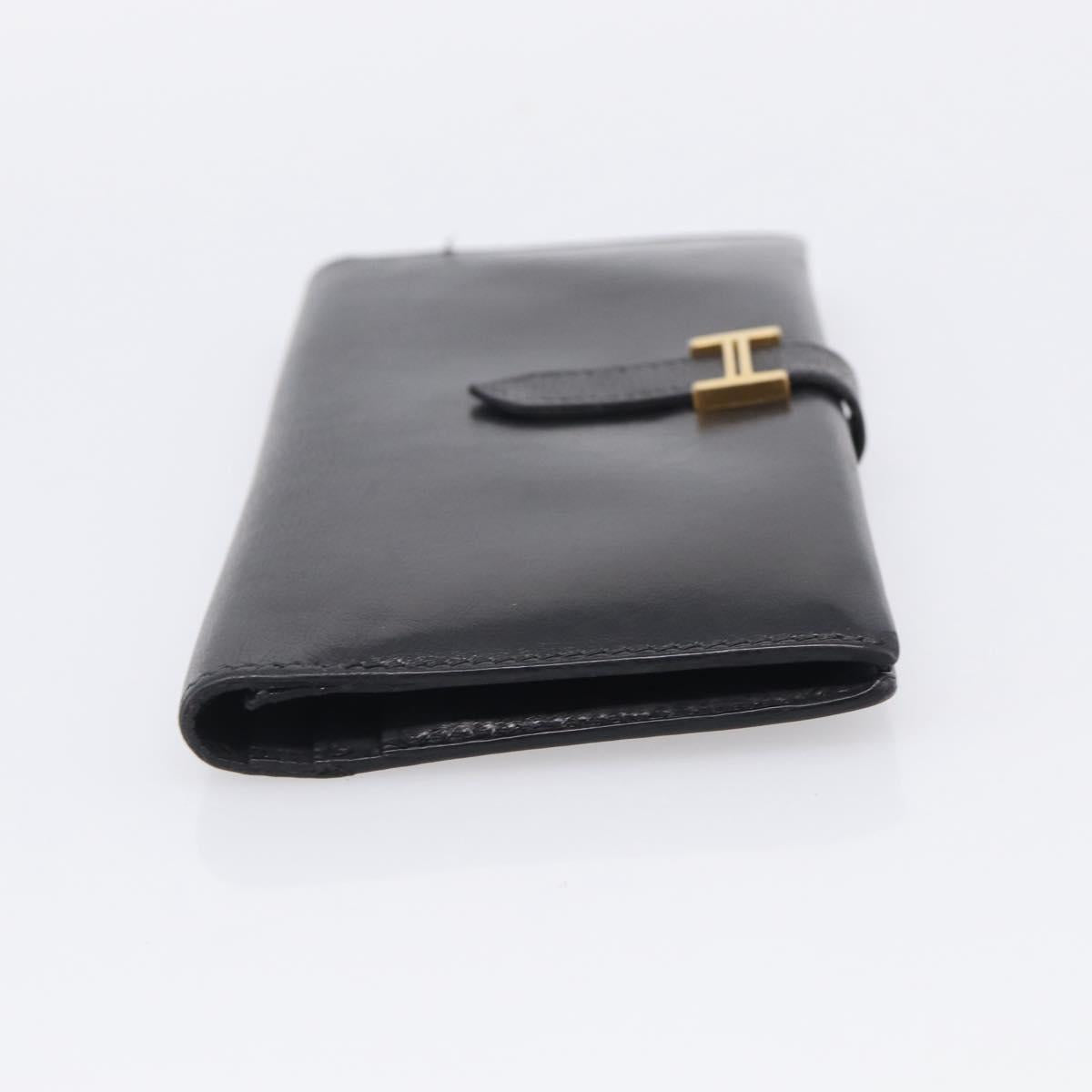 HERMES Bairn Classic Long Wallet Leather Black Gold Auth bs38071