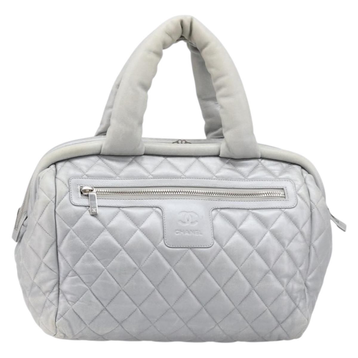 CHANEL Icon Line Cococoon Tote Bag Leather Silver CC Auth bs38077