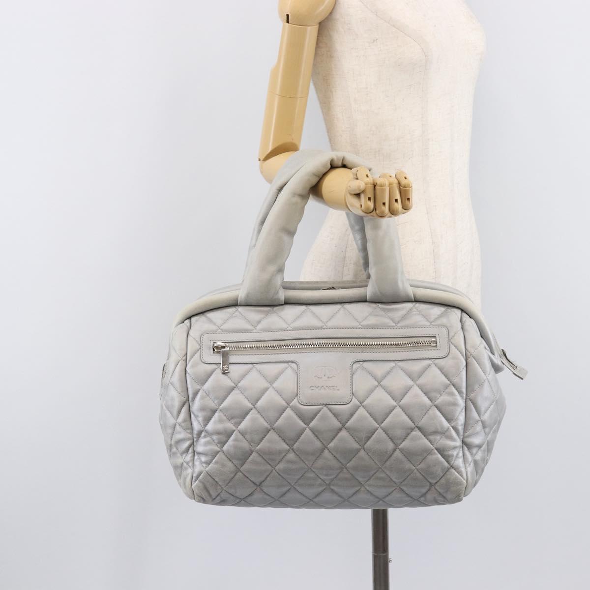 CHANEL Icon Line Cococoon Tote Bag Leather Silver CC Auth bs38077