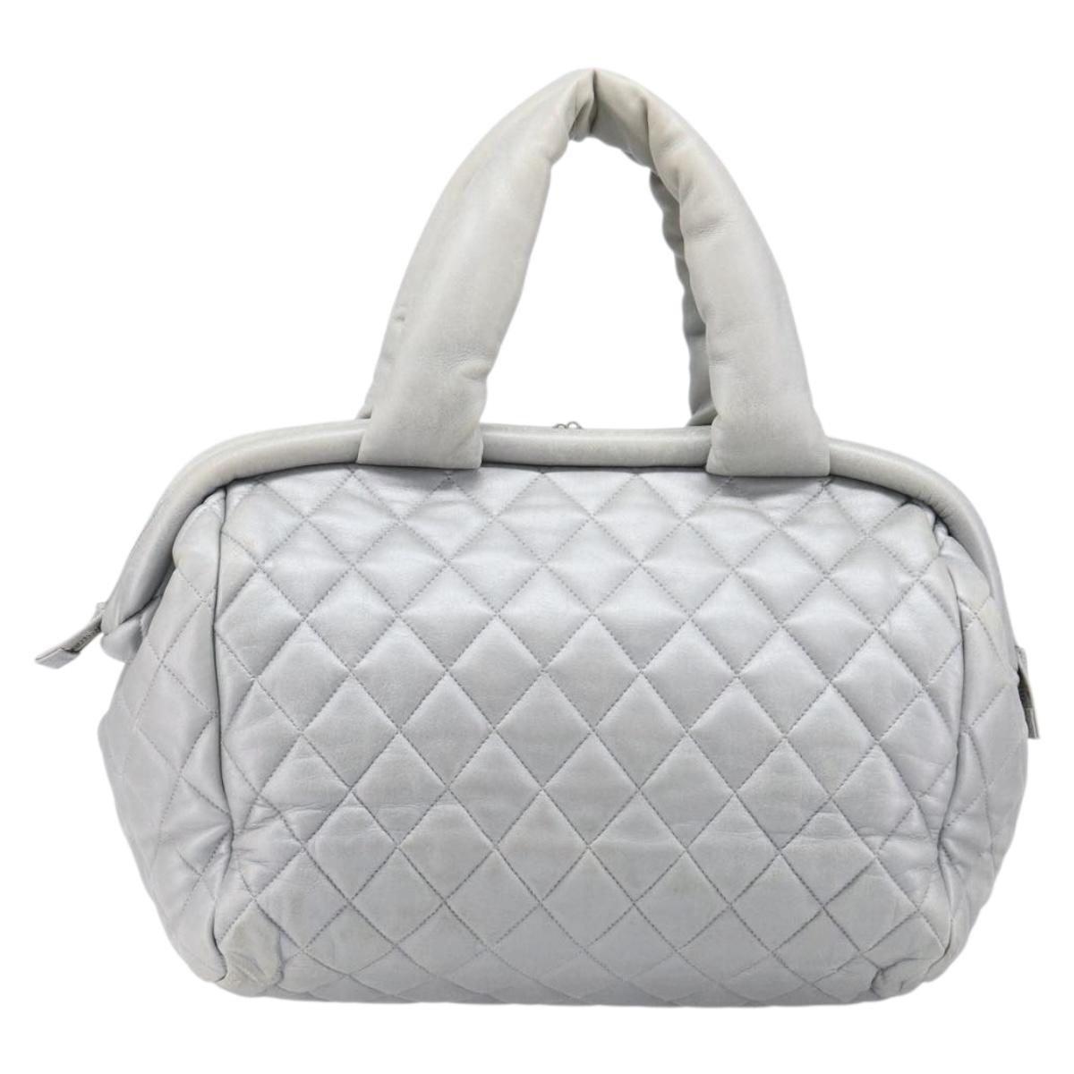 CHANEL Icon Line Cococoon Tote Bag Leather Silver CC Auth bs38077
