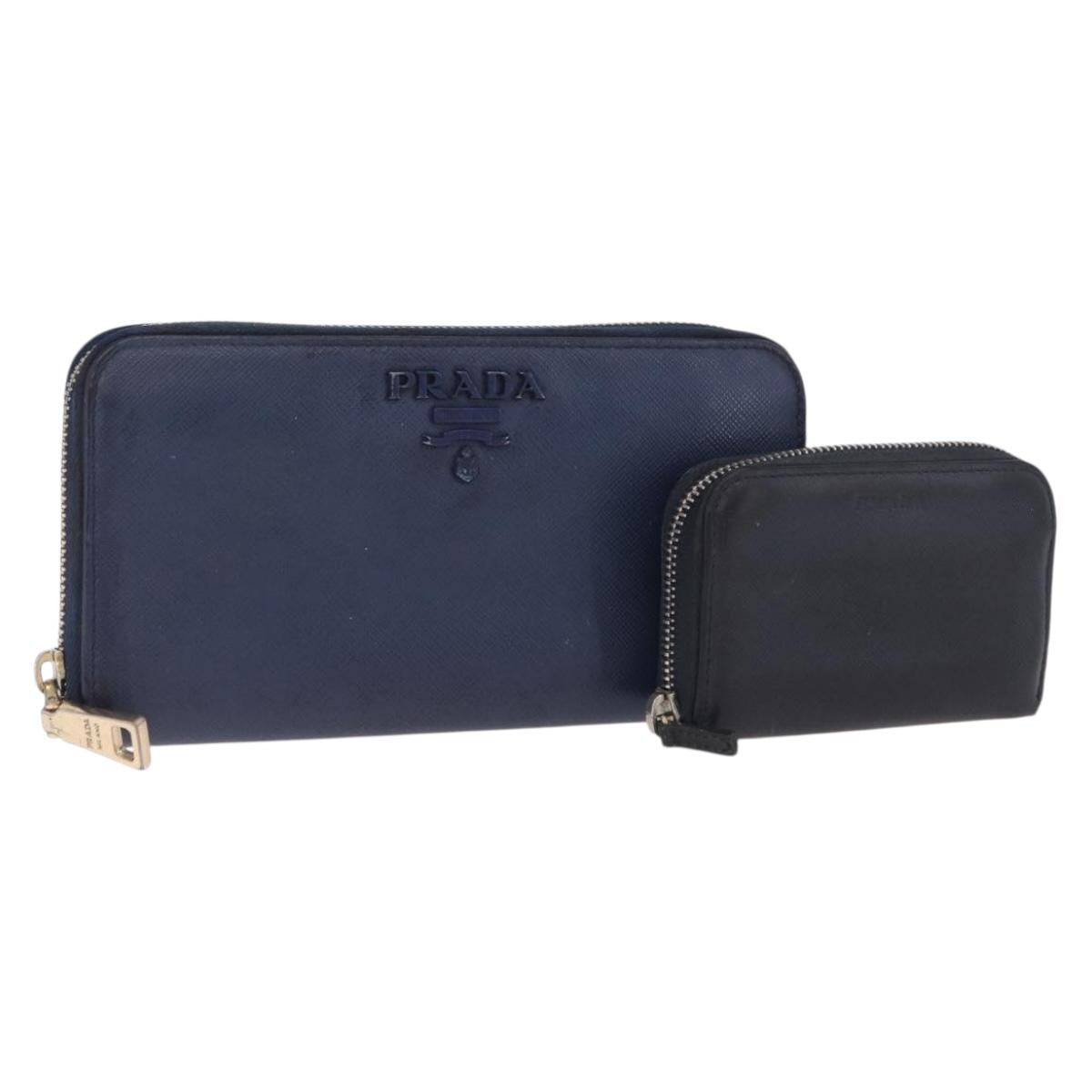 PRADA Wallet Leather 2 Set Black Blue Auth bs38081