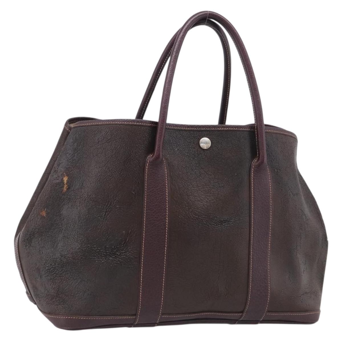 HERMES Amazonia Garden Party PM Hand Bag Leather Brown Silver Auth bs38084