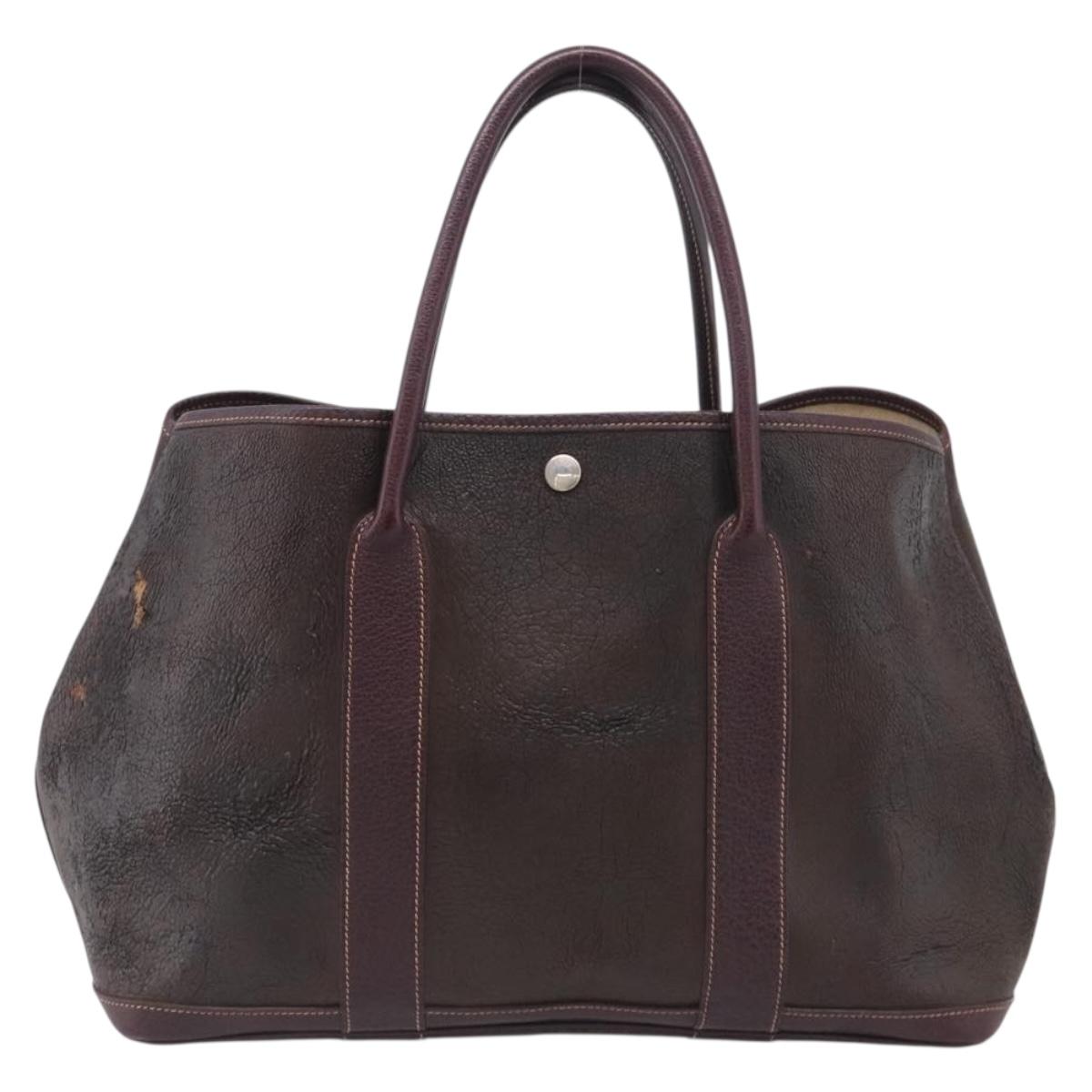 HERMES Amazonia Garden Party PM Hand Bag Leather Brown Silver Auth bs38084