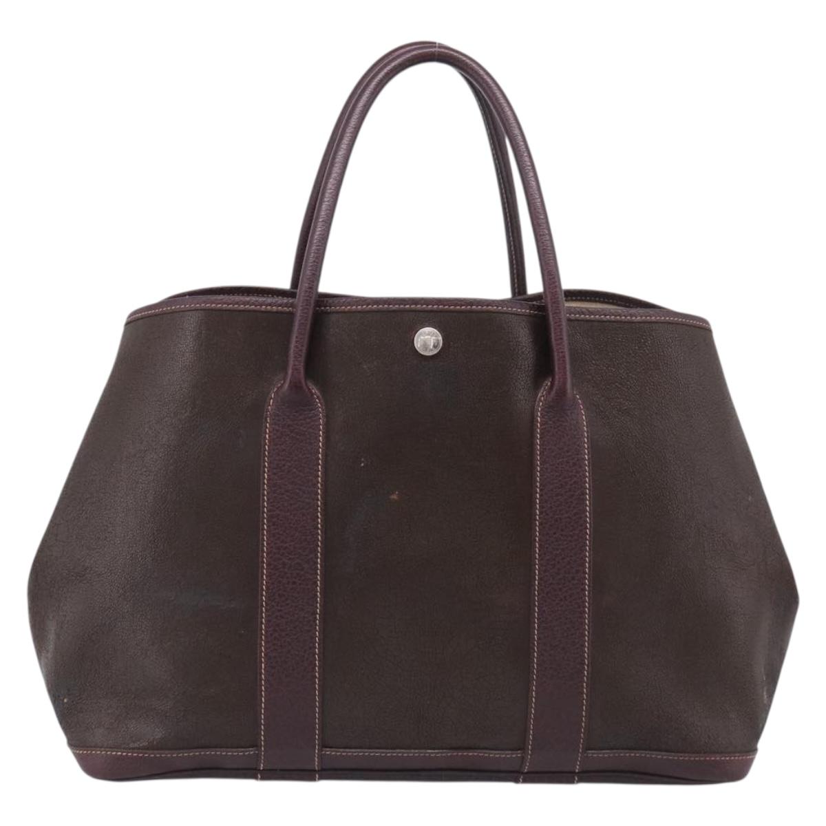 HERMES Amazonia Garden Party PM Hand Bag Leather Brown Silver Auth bs38084