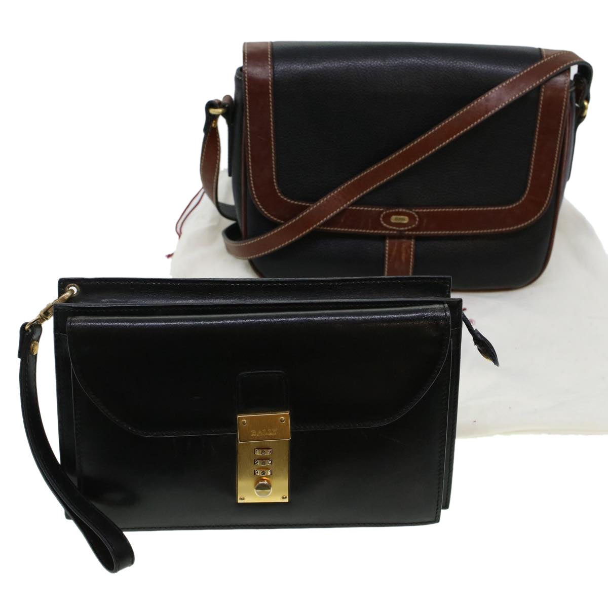 BALLY Shoulder Clutch Bag Leather 2Set Black Auth bs5759