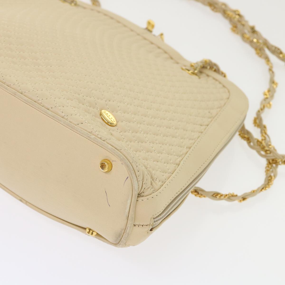 BALLY Chain Shoulder Bag Leather Beige Auth bs6384