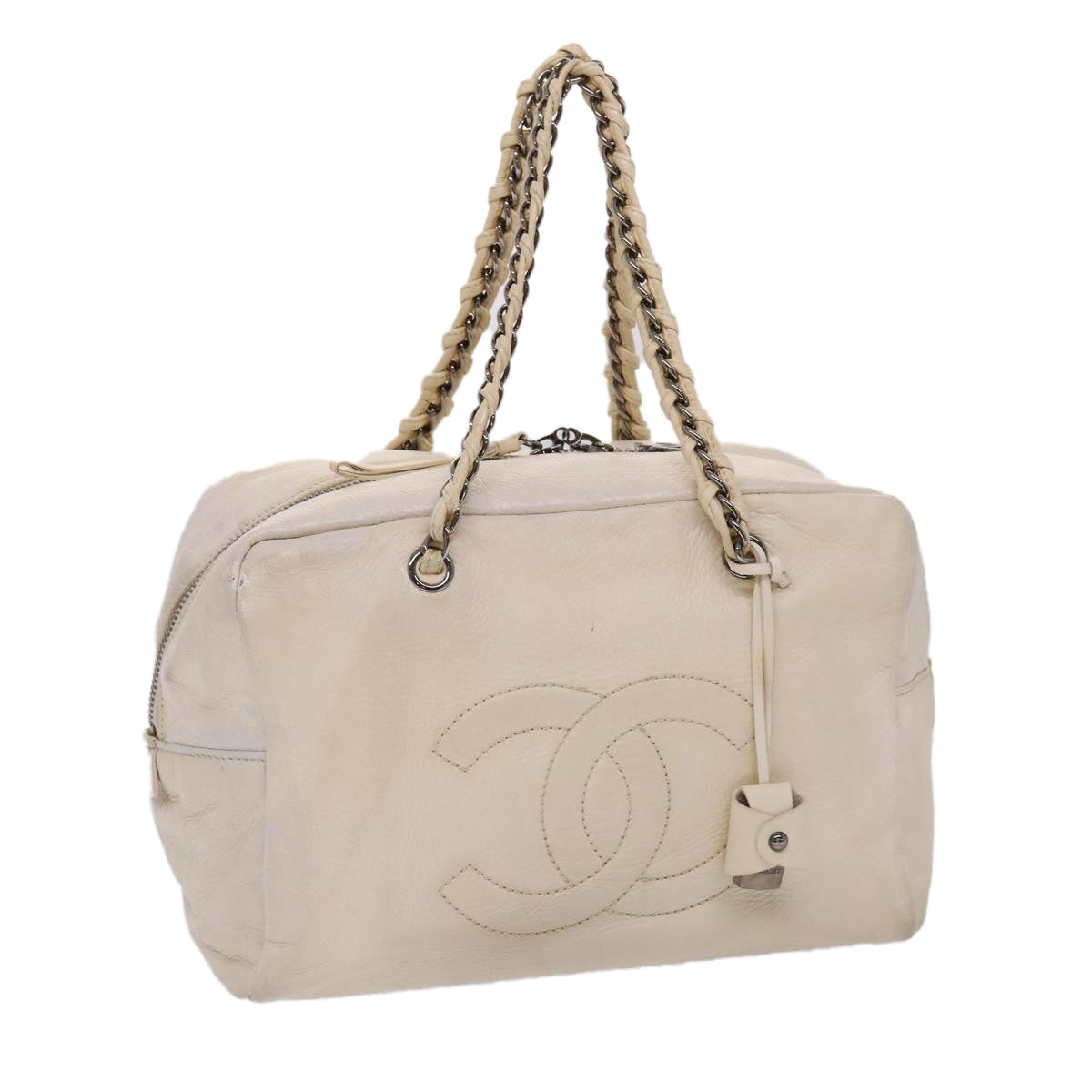 CHANEL Chain Boston Bag Leather White CC Auth bs6591