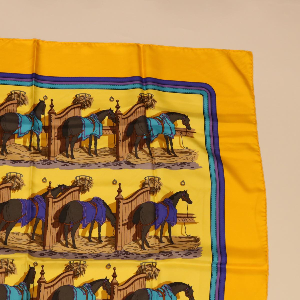 HERMES Carre 90 ECURiES Scarf Silk Yellow Blue Auth bs6679