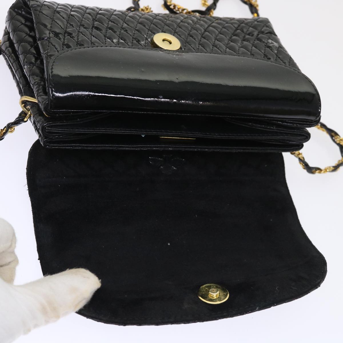 BALLY Chain Shoulder Bag Patent leather Black Auth bs6729