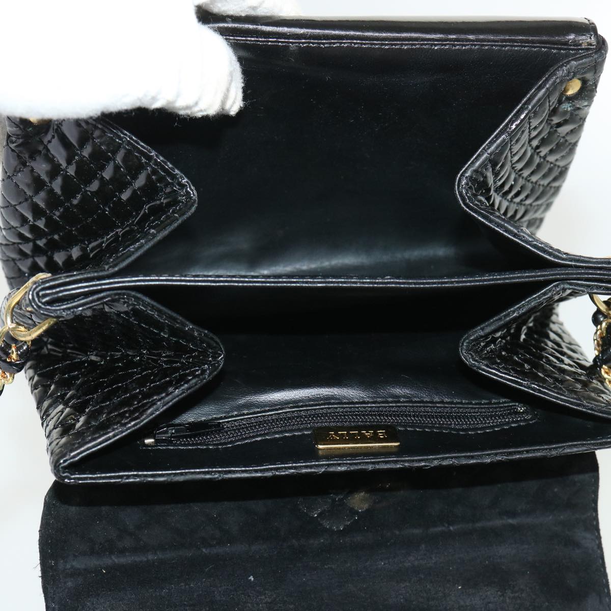 BALLY Chain Shoulder Bag Patent leather Black Auth bs6729