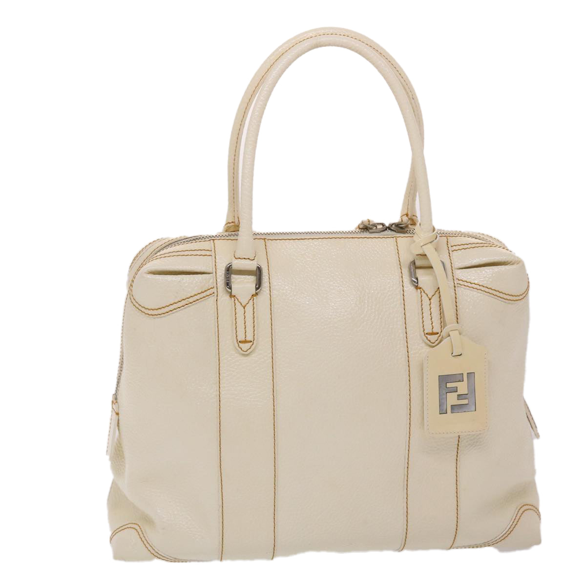 FENDI Boston Bag Leather White Auth bs6767