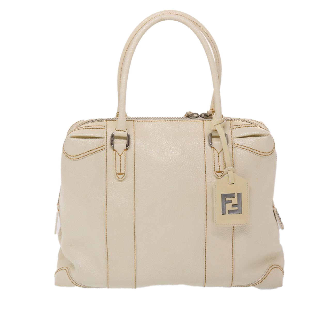 FENDI Boston Bag Leather White Auth bs6767