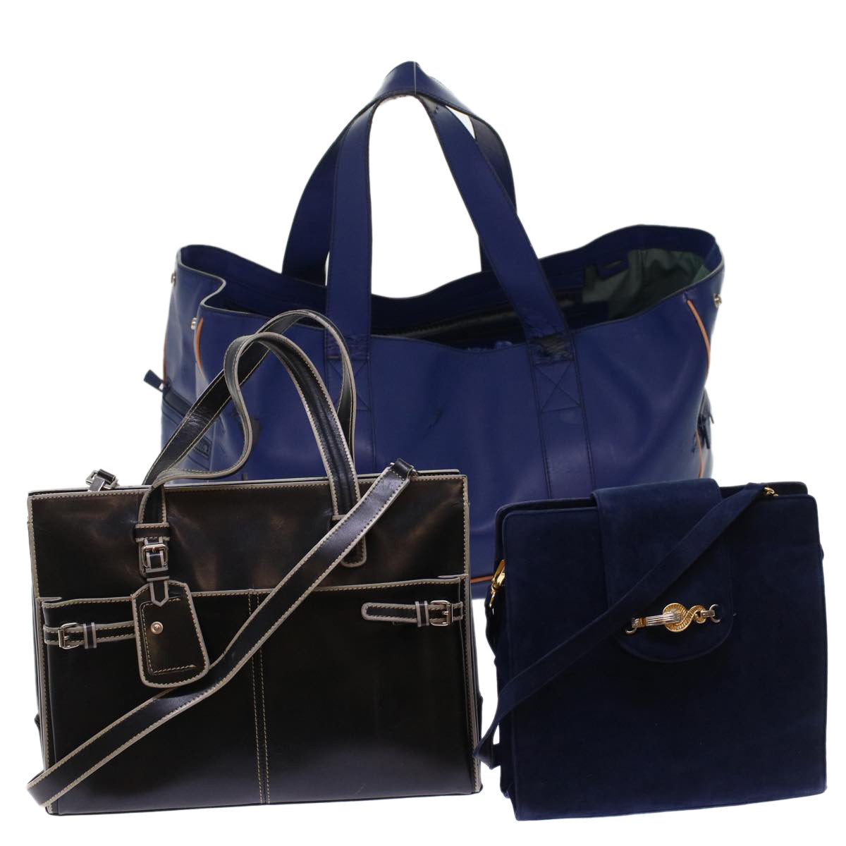 BALLY Boston Bag Shoulder Bag Leather Suede 3Set Blue Navy black Auth bs6964