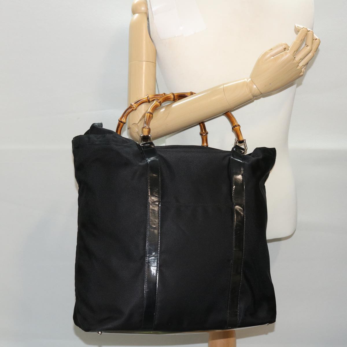 GUCCI Bamboo Hand Bag Nylon Black Auth bs7000