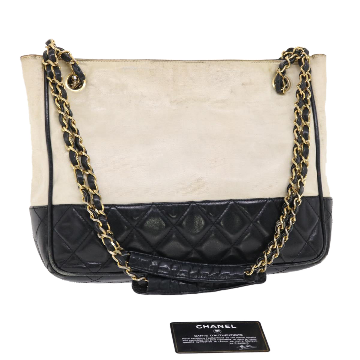 CHANEL Chain Shoulder Bag Coated Canvas White Black CC Auth bs7078