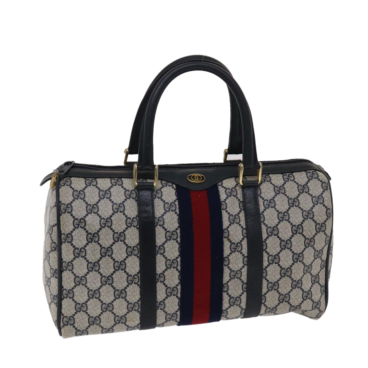 GUCCI GG Canvas Sherry Line Boston Bag Gray Red Navy 012•3842•58 Auth bs7178