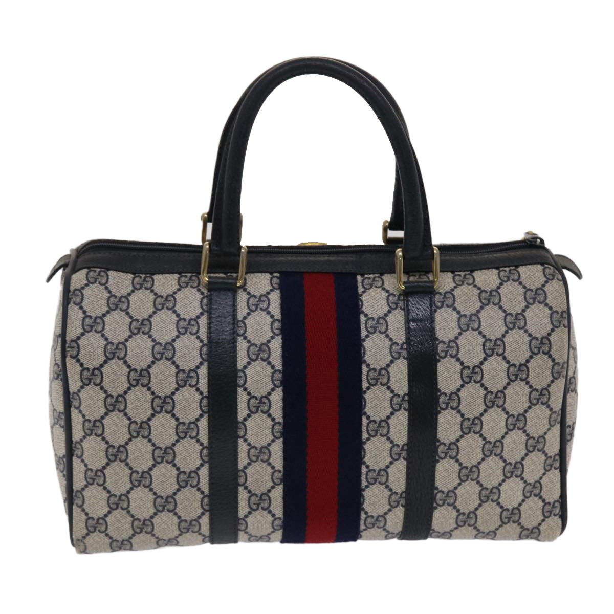 GUCCI GG Canvas Sherry Line Boston Bag Gray Red Navy 012•3842•58 Auth bs7178