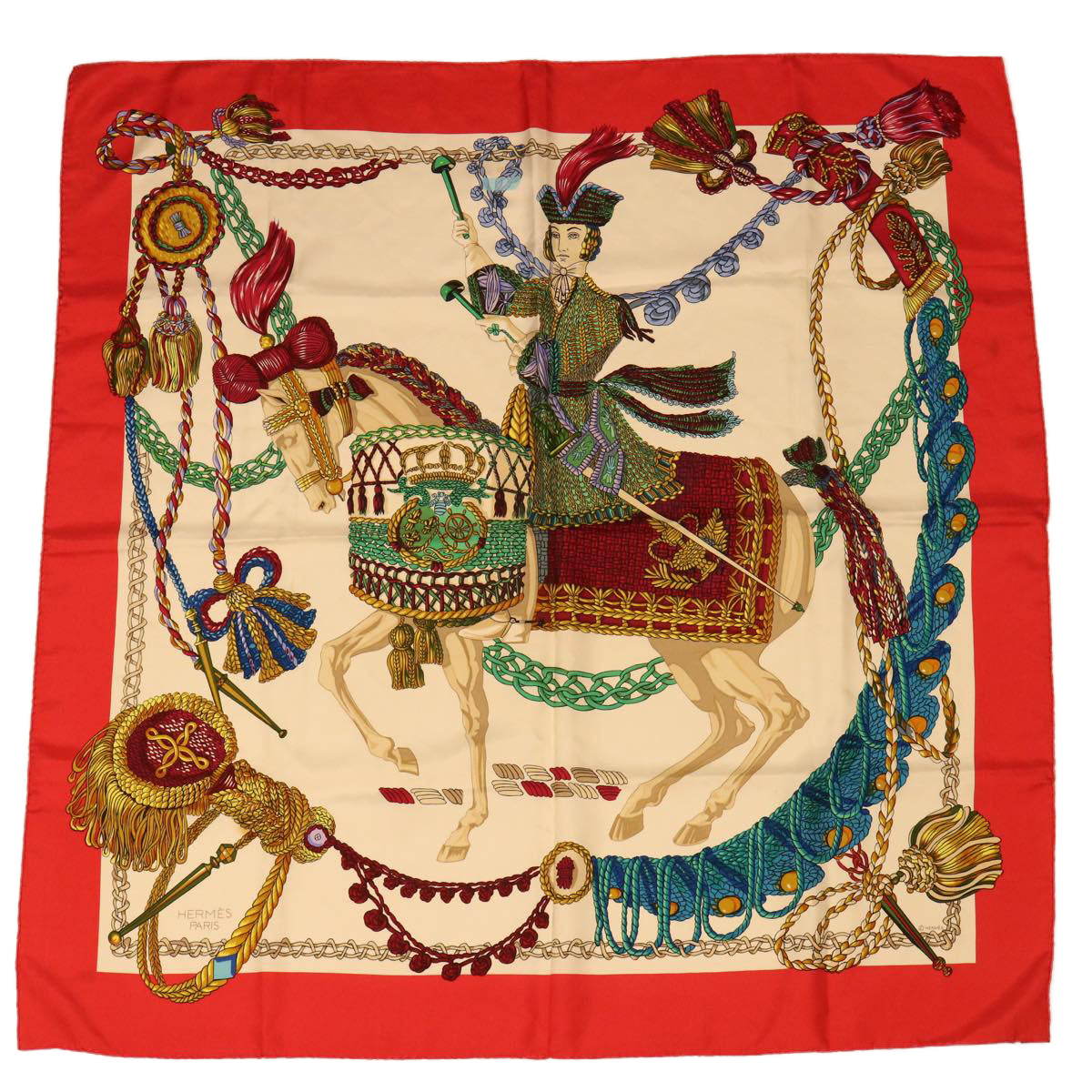 HERMES Carre 90 Scarf ”Le Timalier” Silk Red Auth bs7268