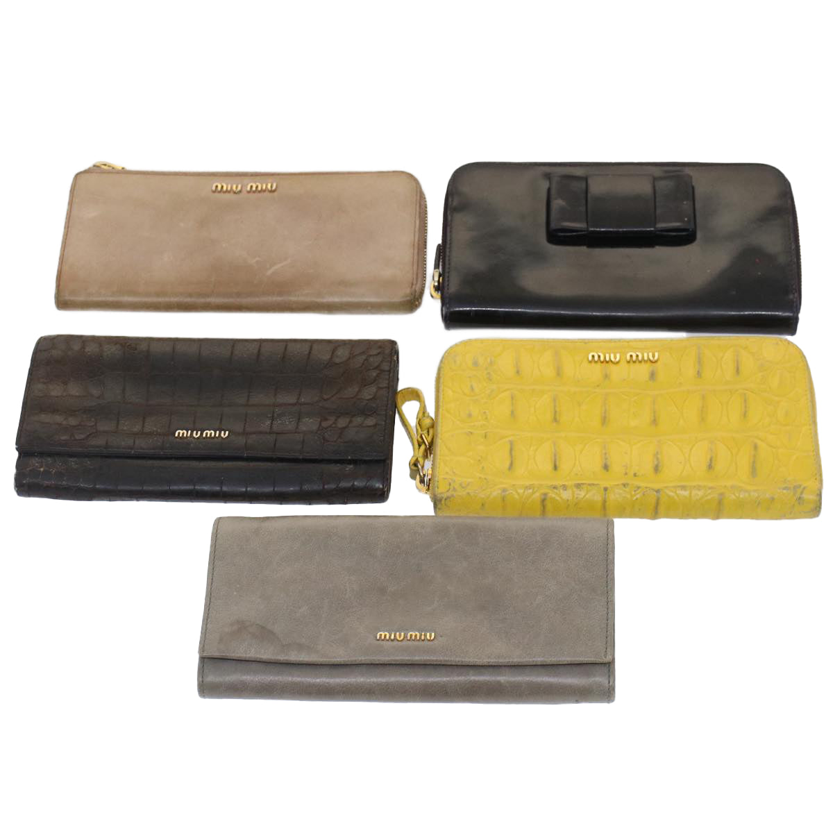 Miu Miu Long Wallet Leather Enamel 5Set Brown Yellow gray Auth bs7470