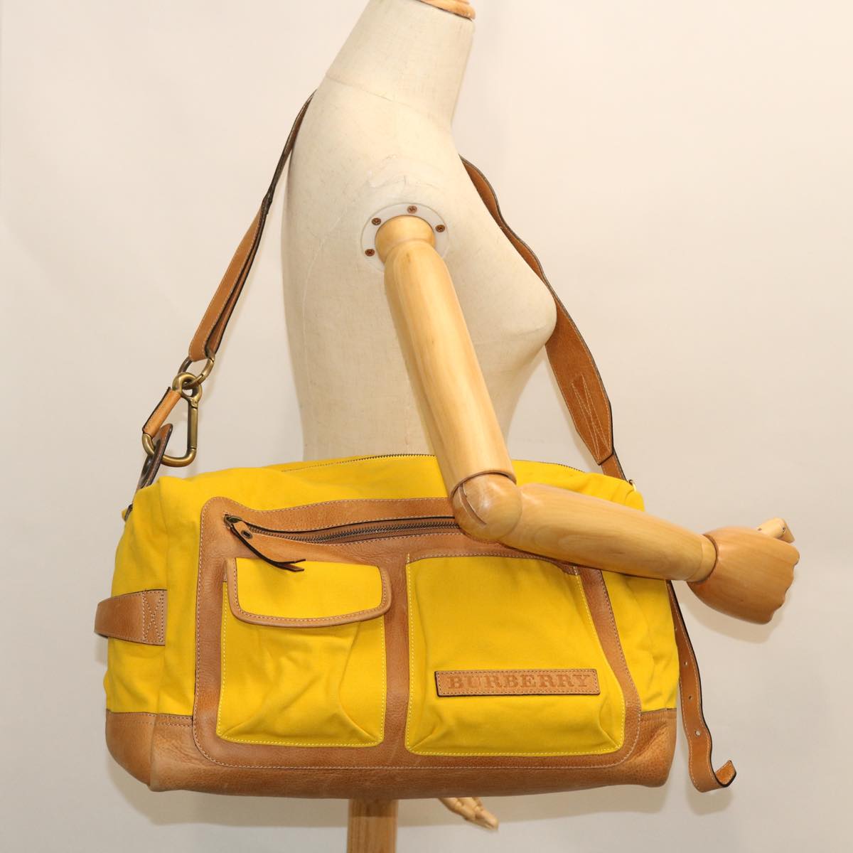 BURBERRY Shoulder Bag Canvas Leather Yellow Auth bs7538