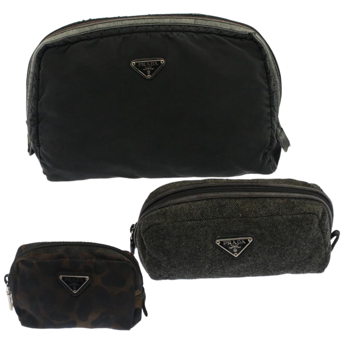 PRADA Leopard Pouch Nylon Wool 3Set Black Auth bs7583