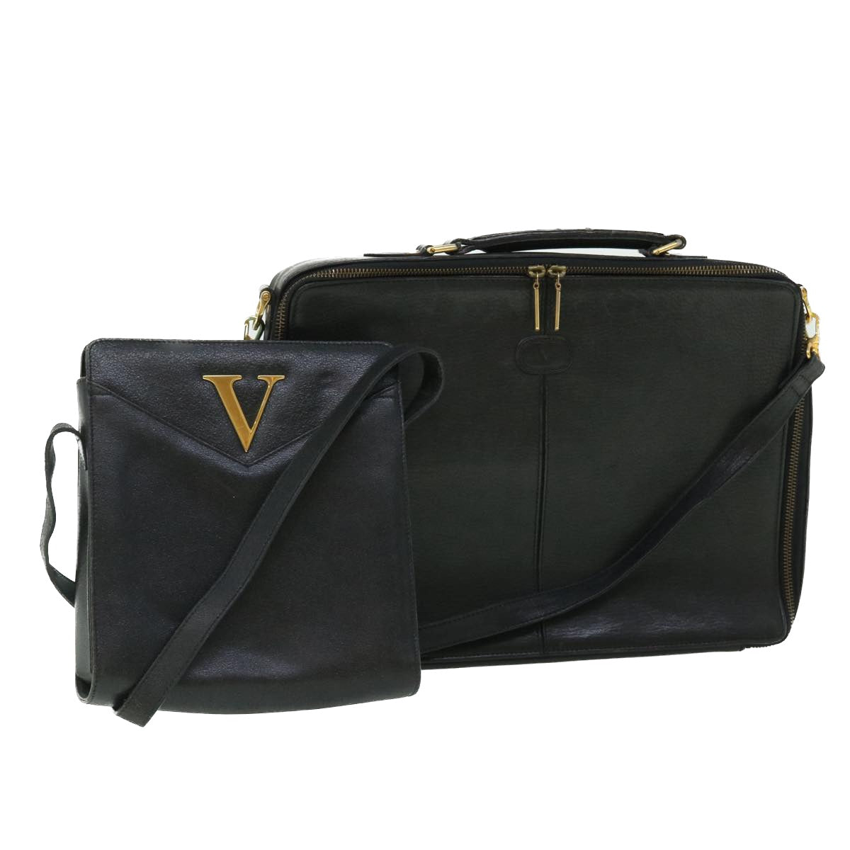 VALENTINO Shoulder Bag Leather 2Set Black Auth bs7631