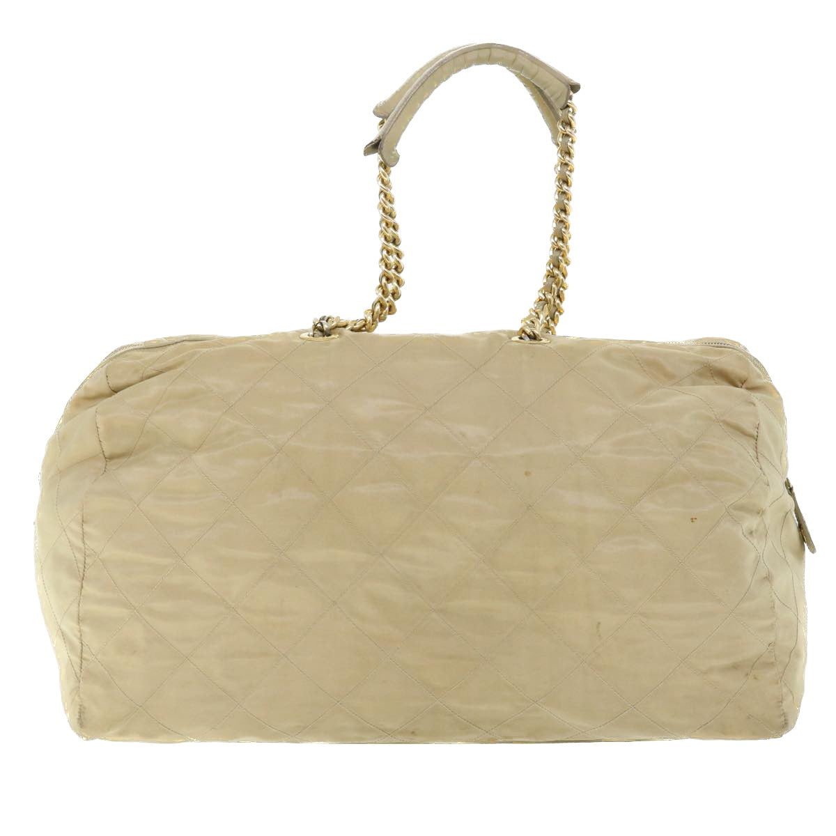 PRADA Quilted Chain Boston Bag Nylon Cream Beige Auth bs7668