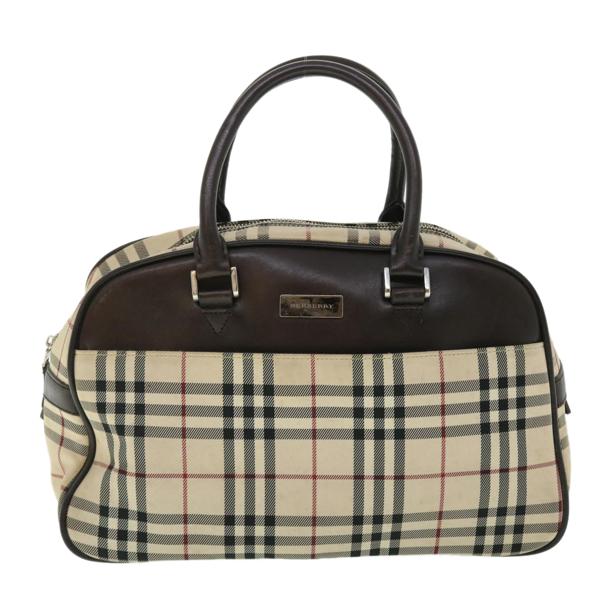 BURBERRY Nova Check Hand Bag Nylon Leather Black Beige Auth bs7702