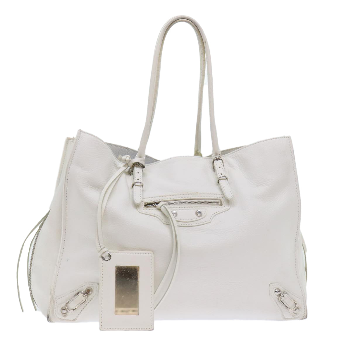 BALENCIAGA Paper Hand Bag Leather White 432596 Auth bs7729