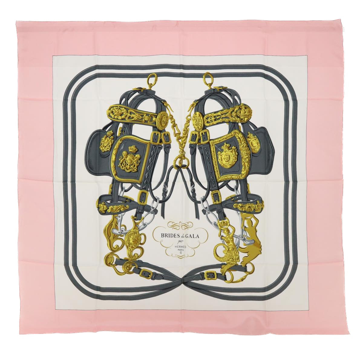 HERMES Carre 90 BRIDES dE GALA Scarf Silk Pink White Auth bs7742