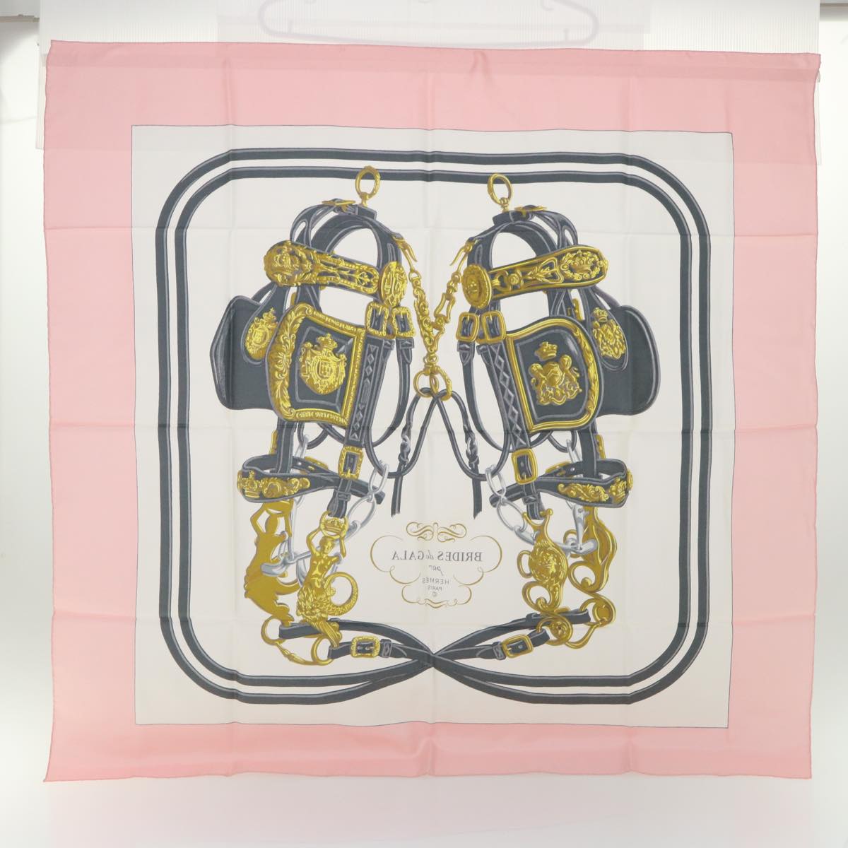 HERMES Carre 90 BRIDES dE GALA Scarf Silk Pink White Auth bs7742