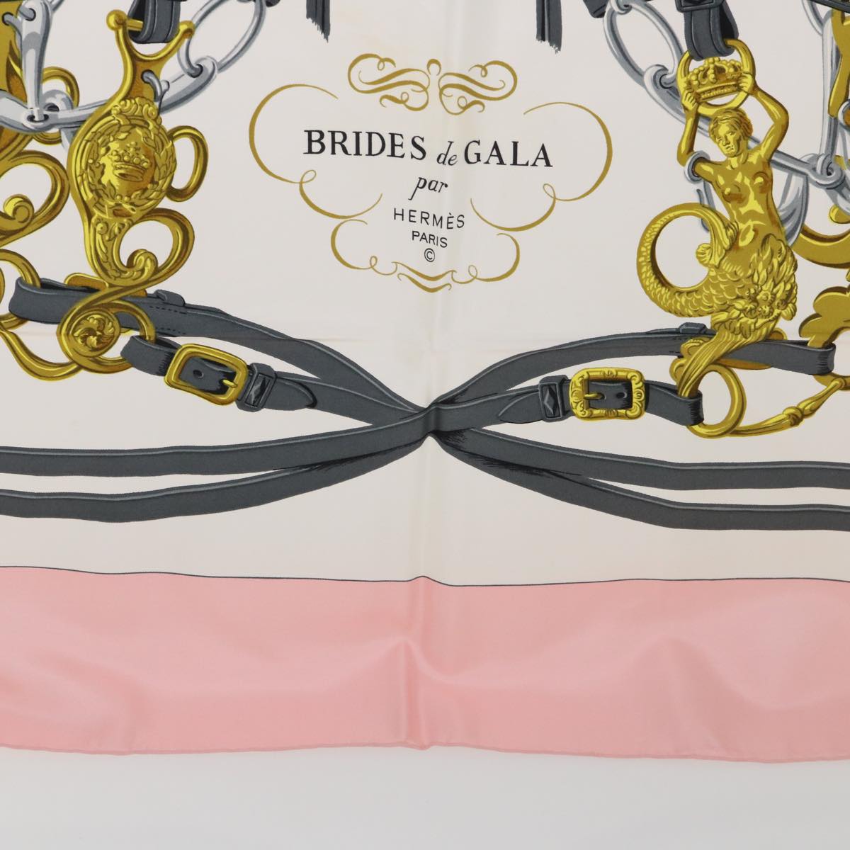 HERMES Carre 90 BRIDES dE GALA Scarf Silk Pink White Auth bs7742