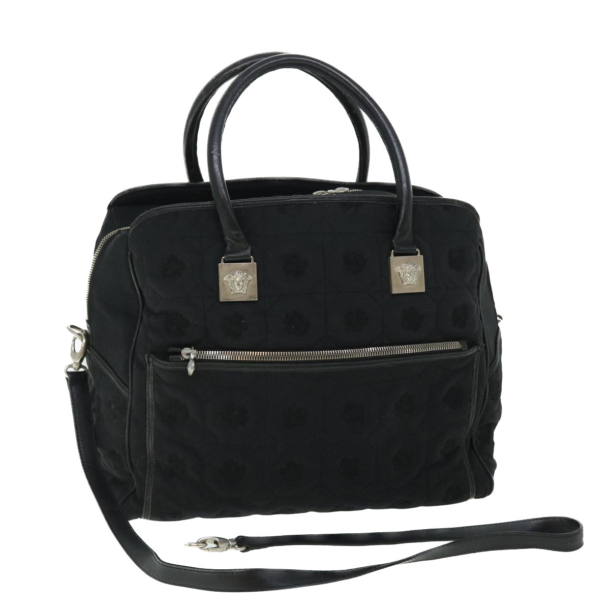 Gianni Versace Boston Bag Canvas Black Auth bs7914