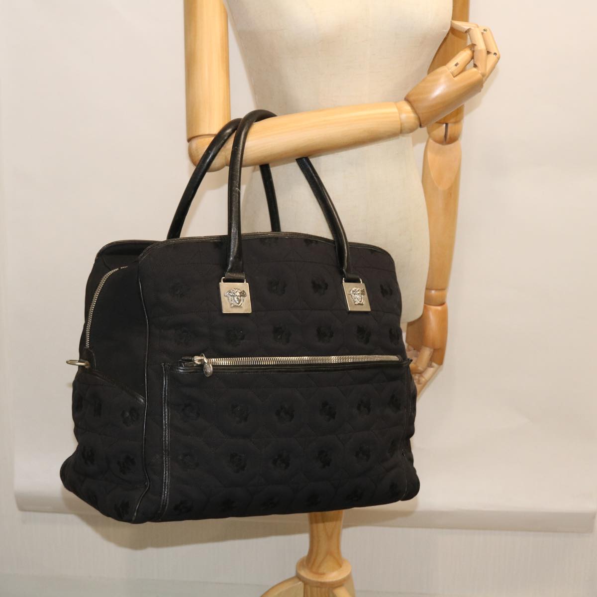 Gianni Versace Boston Bag Canvas Black Auth bs7914