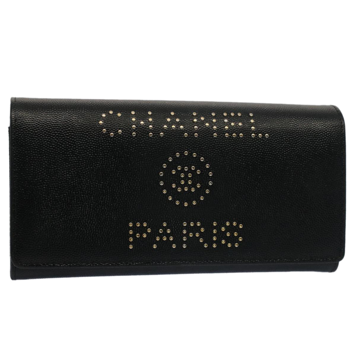 CHANEL Long Wallet Caviar Skin Black CC Auth bs7938