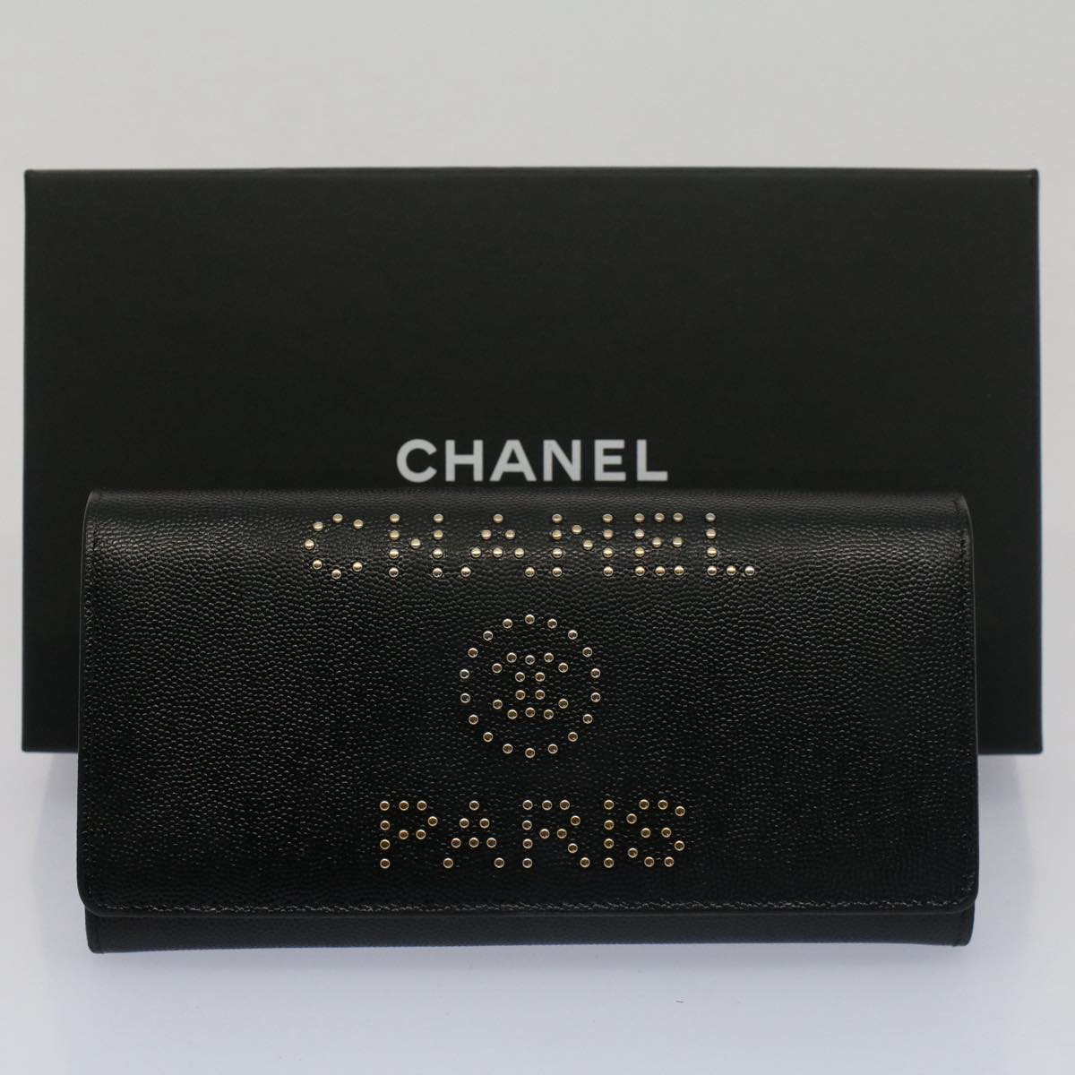 CHANEL Long Wallet Caviar Skin Black CC Auth bs7938