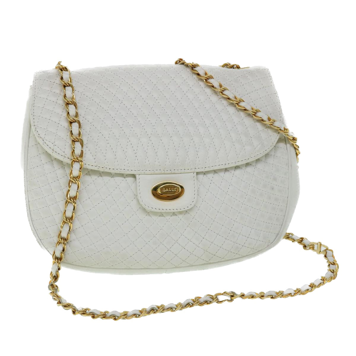 BALLY Quilted Chain Shoulder Bag Leather White Auth bs7943