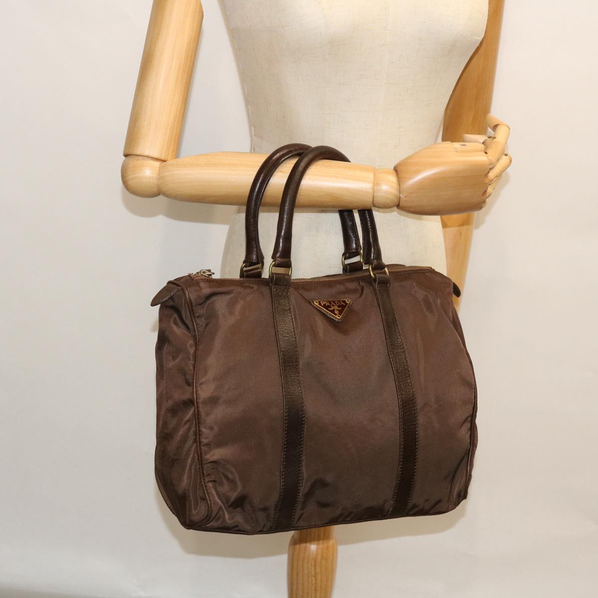 PRADA Hand Bag Nylon Leather Brown Auth bs8055