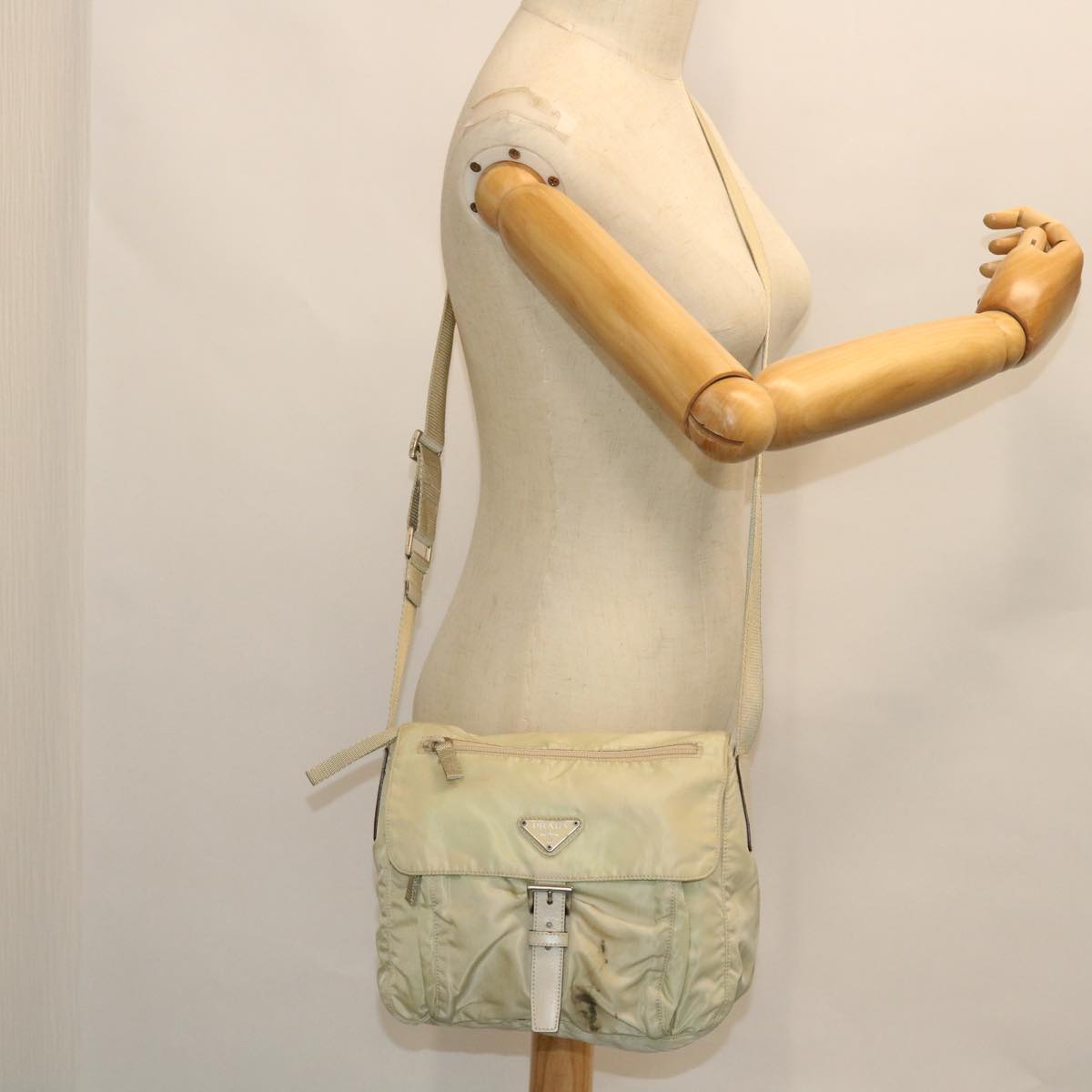 PRADA Shoulder Bag Nylon Beige Auth bs8099