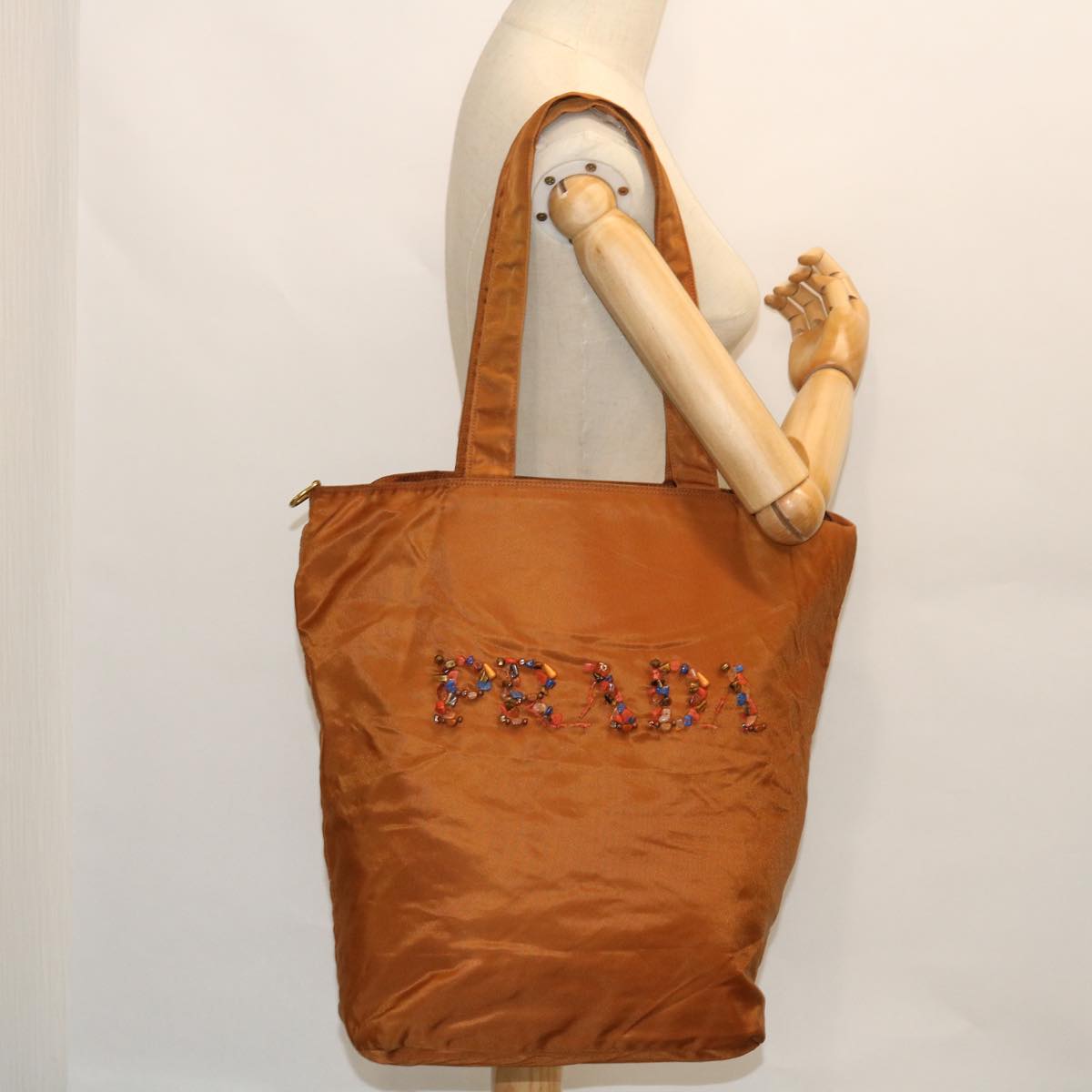 PRADA Tote Bag Nylon Brown Orange Auth bs8130