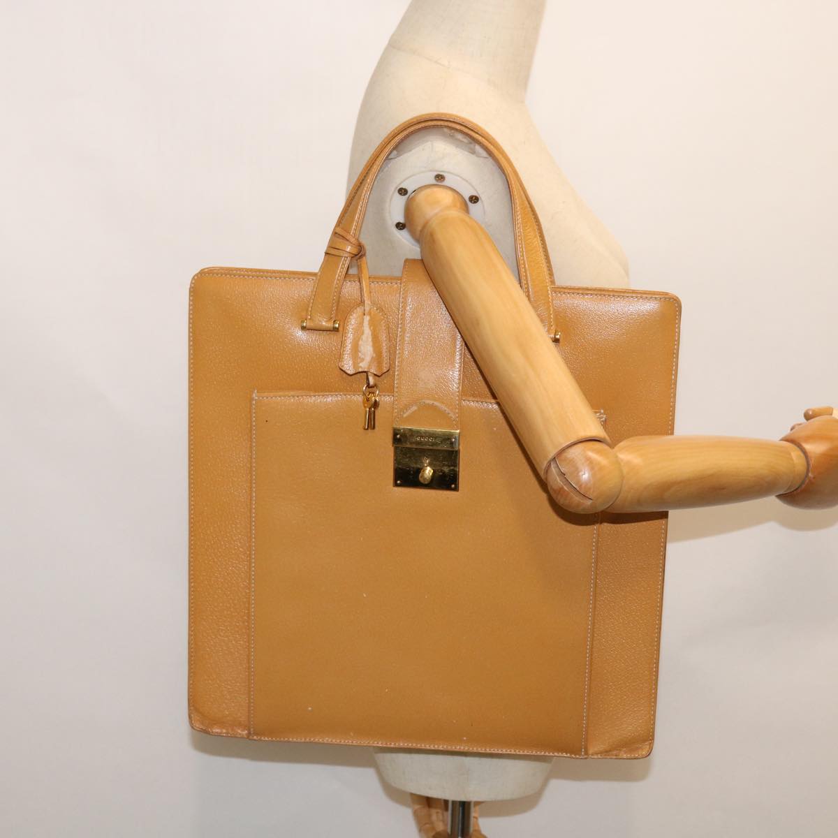 GUCCI Hand Bag Leather Beige Auth bs8249