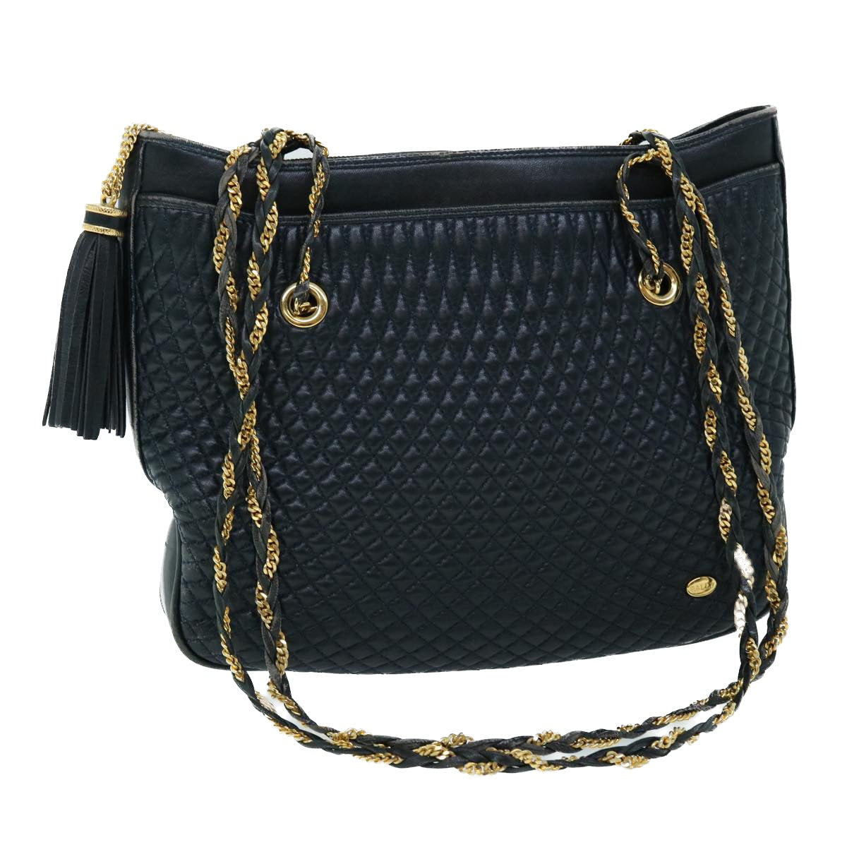 BALLY Quilted Chain Shoulder Bag Leather Navy Auth bs8314