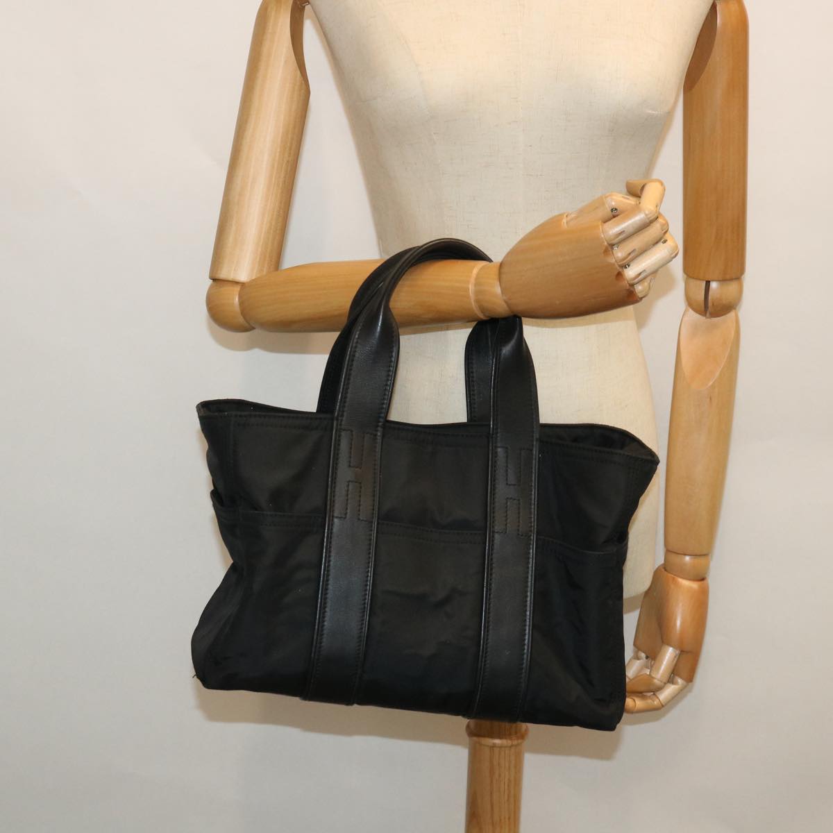 HERMES Acape Luco PM Hand Bag Nylon Black Auth bs8396