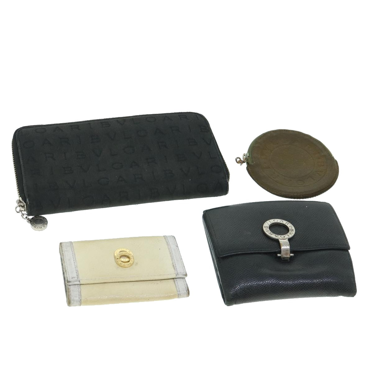 BVLGARI Key Case Coin Purse Wallet Canvas 4Set Black White khaki Auth bs8402