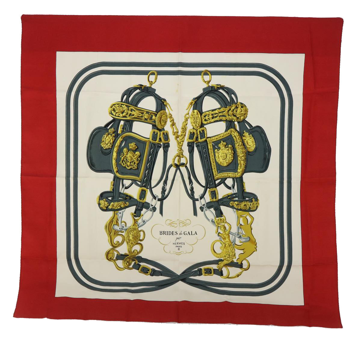 HERMES Carre 90 BLIDES de GALA Scarf Silk Red Beige Auth bs8440