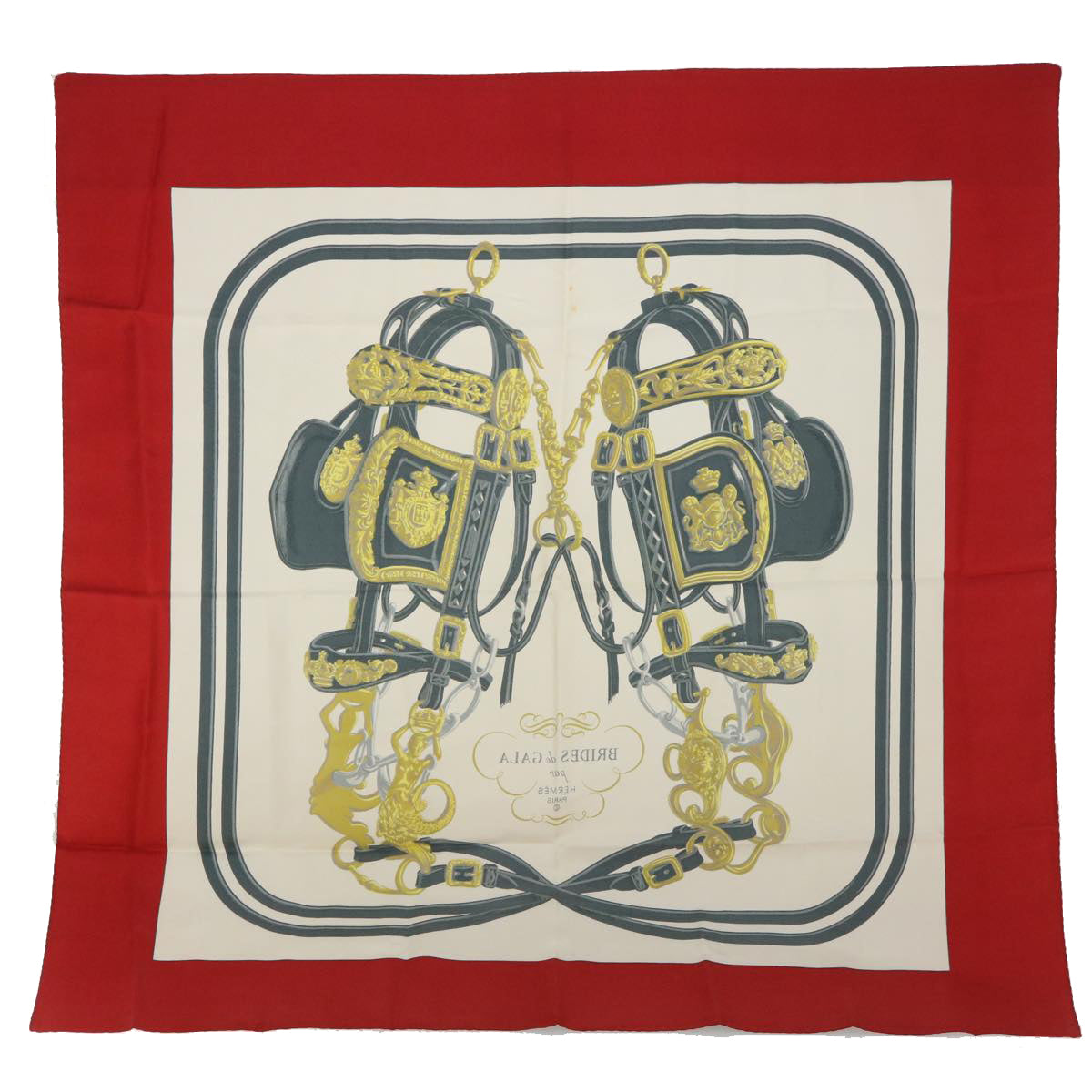 HERMES Carre 90 BLIDES de GALA Scarf Silk Red Beige Auth bs8440