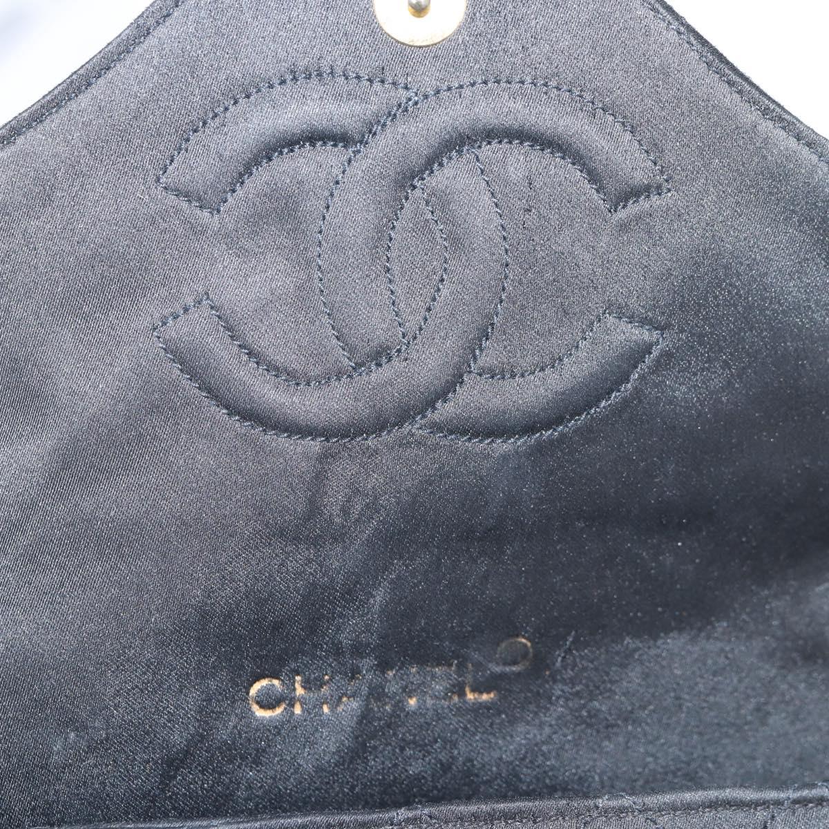CHANEL Matelasse Chain Shoulder Bag Satin Black Gold CC Auth bs8554