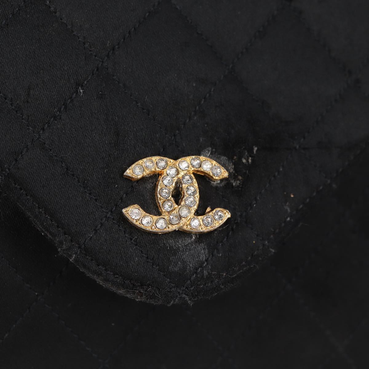 CHANEL Matelasse Chain Shoulder Bag Satin Black Gold CC Auth bs8554