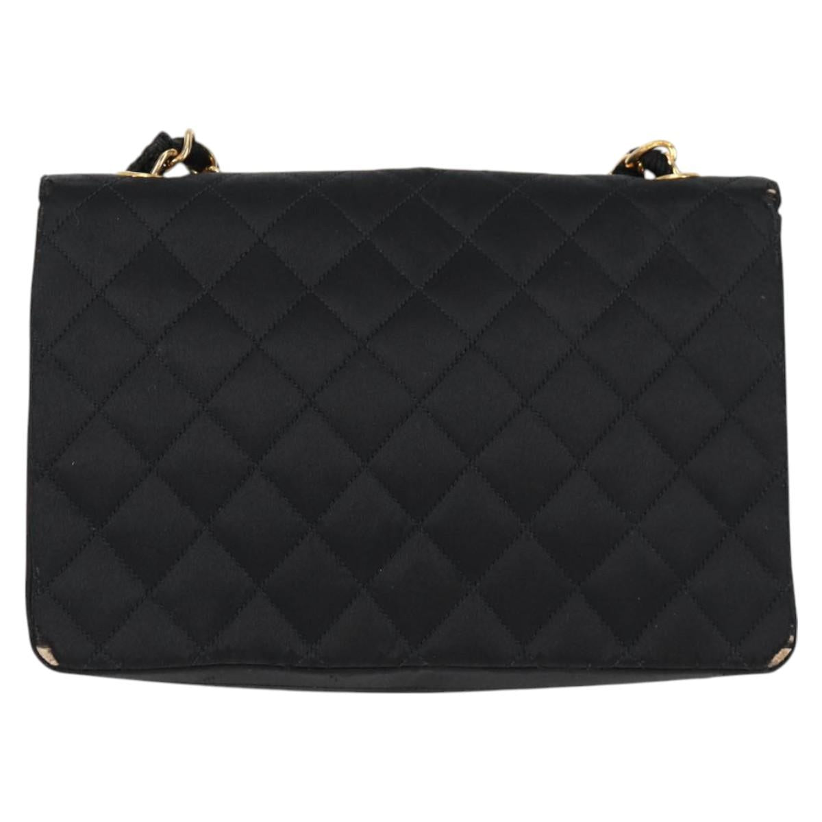 CHANEL Matelasse Chain Shoulder Bag Satin Black Gold CC Auth bs8554