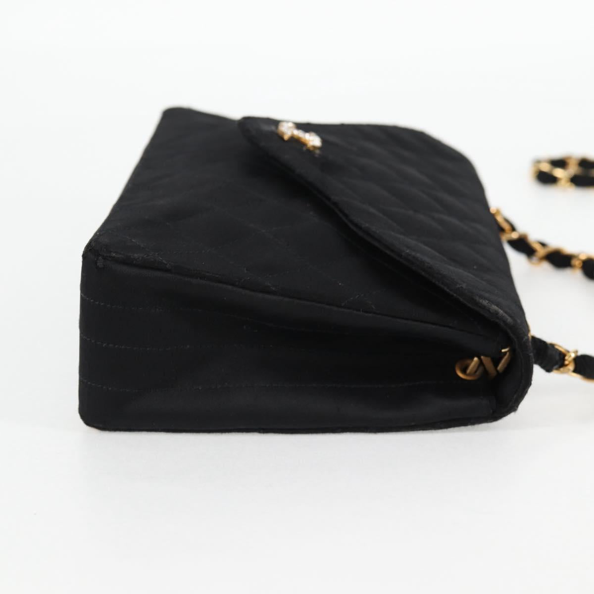 CHANEL Matelasse Chain Shoulder Bag Satin Black Gold CC Auth bs8554